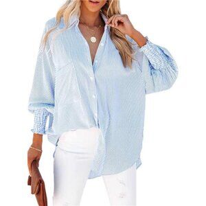 Womens Smocked Cuffed Striped Boyfriend Shirt Casual Collar Long Sleeve